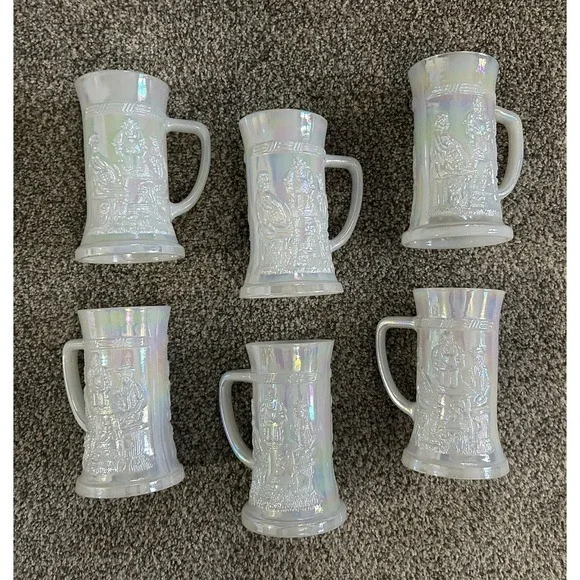 6-PC Vintage White Glazed Glass Pub Tavern Beer Stein Tankard Mug Iridescent - Picture 1 of 9